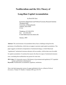 Neoliberalism and the SSA Theory of Long-Run Capital Accumulation