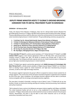For Immediate Release Deputy Prime Minister