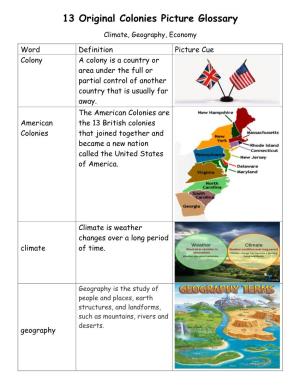 13 Original Colonies Picture Glossary