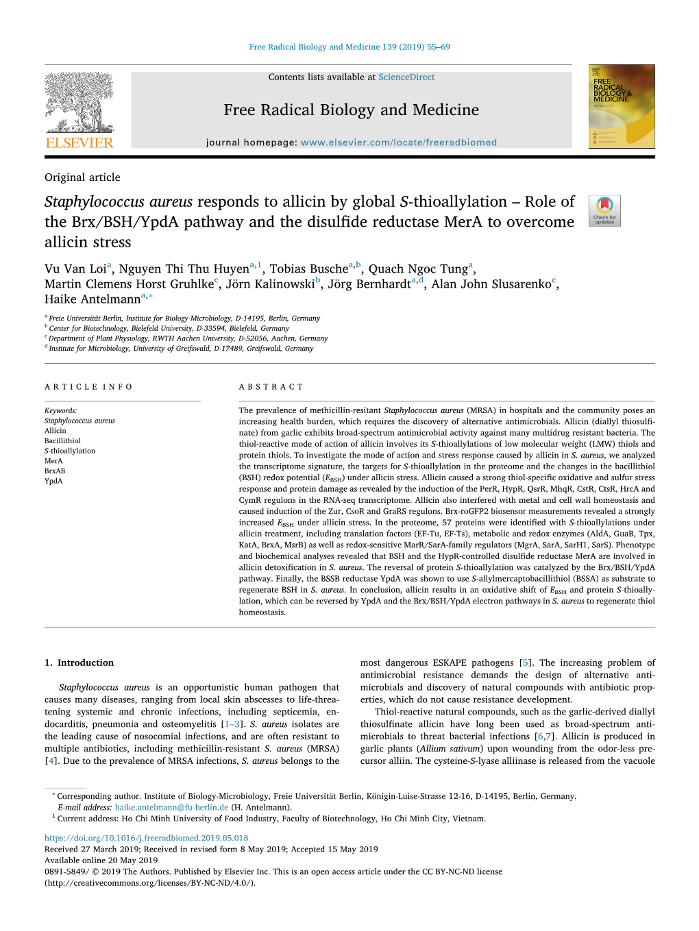 Staphylococcus Aureus Responds to Allicin by Global S-Thioallylation – Role of the Brx/BSH/Ypda Pathway and the Disulﬁde Reductase Mera to Overcome T Allicin Stress