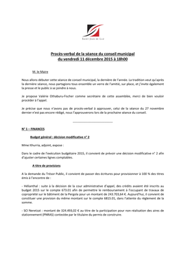 Procès-Verbal De La Séance Du Conseil Municipal Du Vendredi 11 Décembre 2015 À 18H00