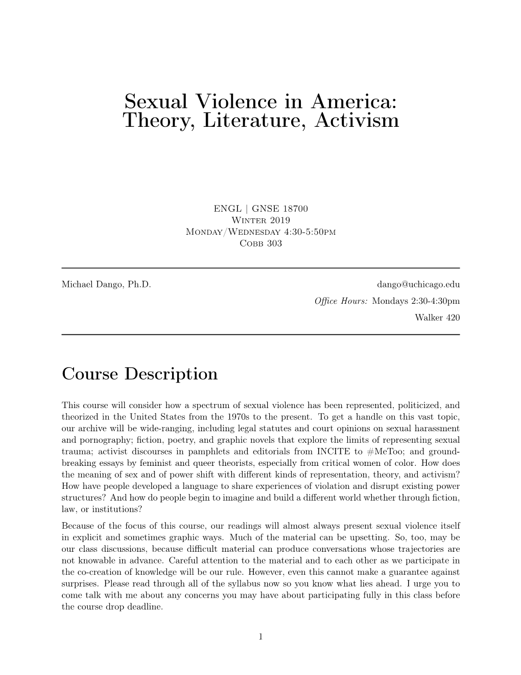 Sexual Violence in America: Theory, Literature, Activism