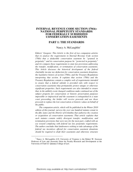 INTERNAL REVENUE CODE SECTION 170(H): NATIONAL PERPETUITY STANDARDS for FEDERALLY SUBSIDIZED CONSERVATION EASEMENTS PART 1: the STANDARDS