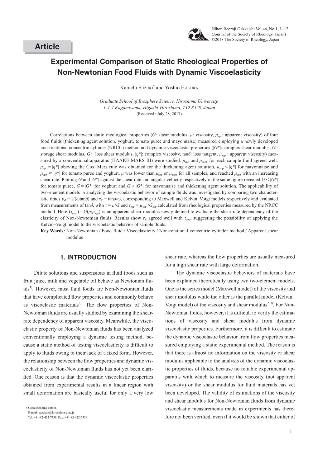 Article Experimental Comparison of Static Rheological Properties of Non-Newtonian Food Fluids with Dynamic Viscoelasticity