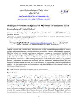 Microalgae for Future Biodiesel Production: Algaculture, Environnement Impact Oumaima Ezzeroual1*, Nadia El Kadmiri1, 2