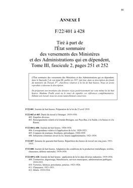 F/22/401 À 428 Tiré À Part De L'état Sommaire Des Versements Des