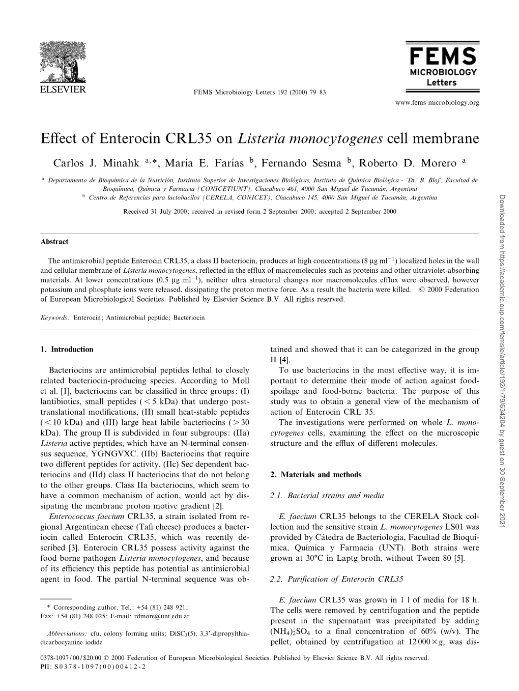 Effect of Enterocin CRL35 on Listeria Monocytogenes Cell Membrane