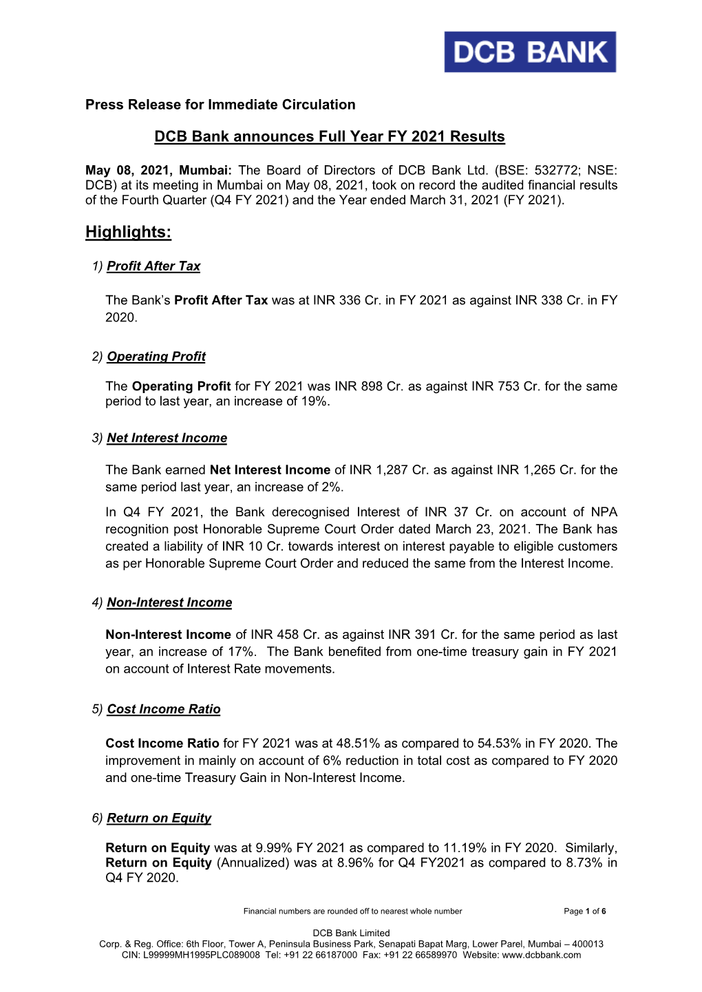 DCB Bank Announces Fourth Quarter Results FY2020 21 Mumbai May 08