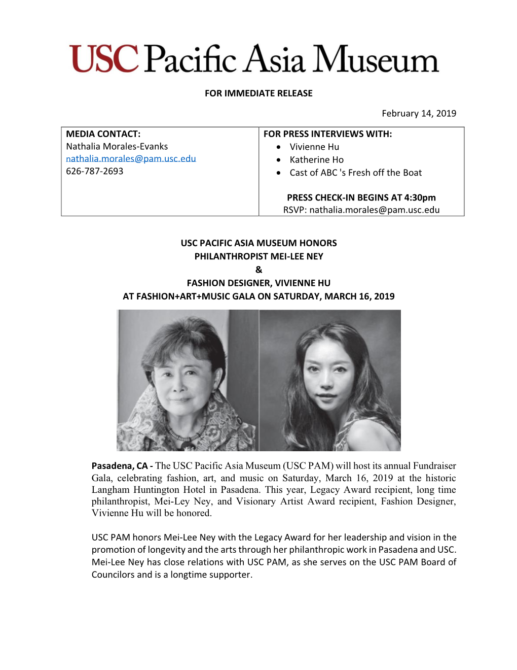 FOR IMMEDIATE RELEASE February 14, 2019 MEDIA CONTACT: Nathalia Morales-Evanks Nathalia.Morales@Pam.Usc.Edu 626-787-2693 for PR