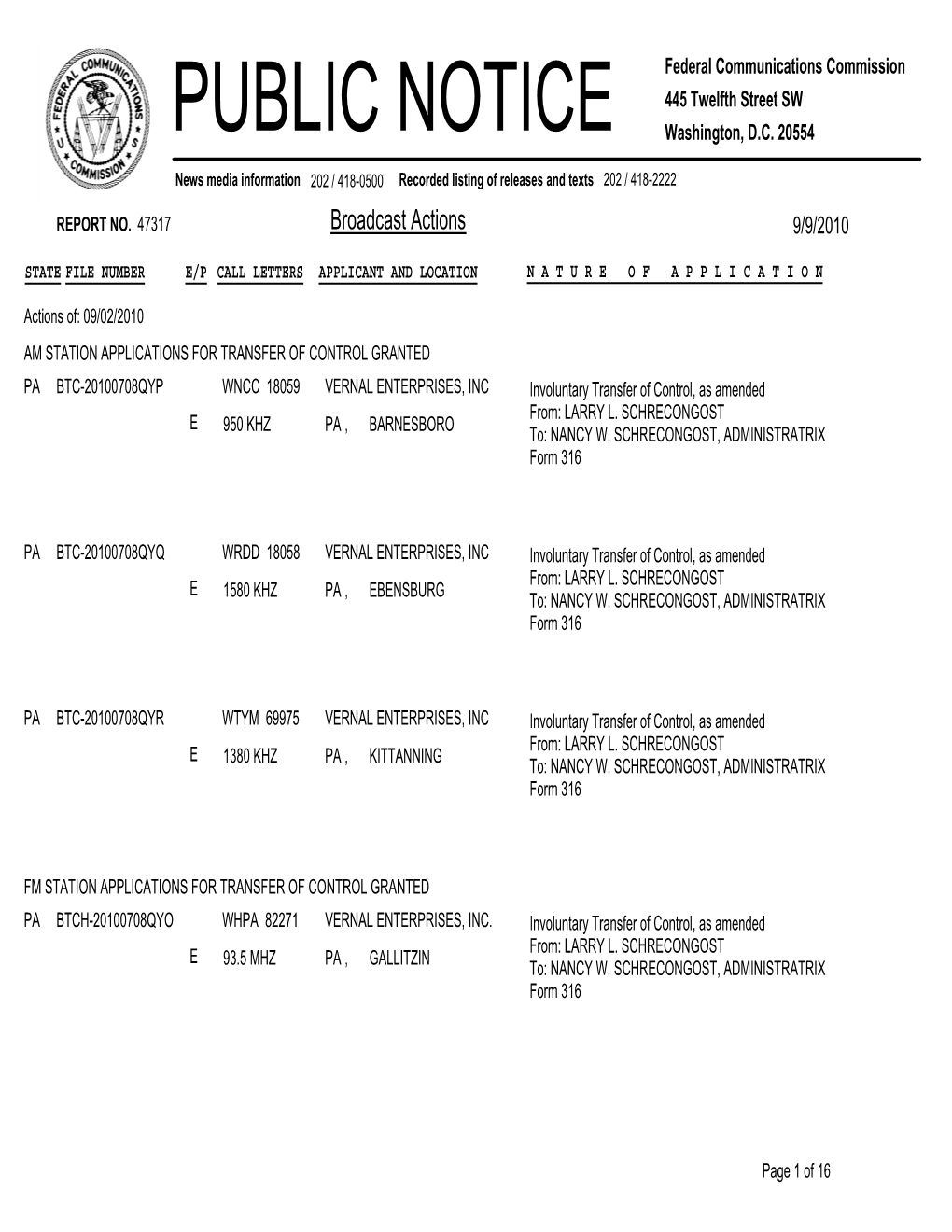 Broadcast Actions 9/9/2010