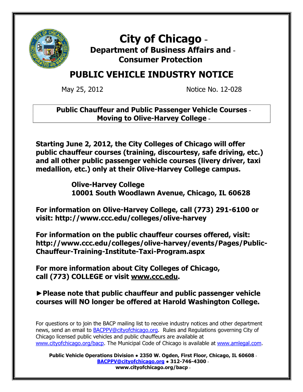 PUBLIC VEHICLE INDUSTRY NOTICE May 25, 2012 Notice No