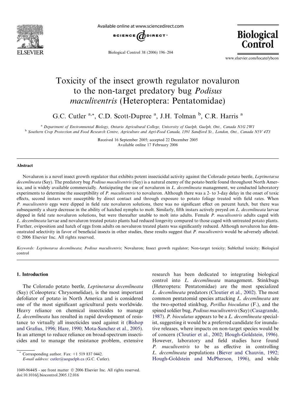 Toxicity of the Insect Growth Regulator Novaluron to the Non-Target Predatory Bug Podisus Maculiventris (Heteroptera: Pentatomidae)