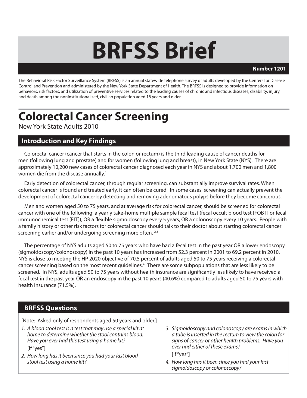 Colorectal Cancer Screening New York State Adults 2010