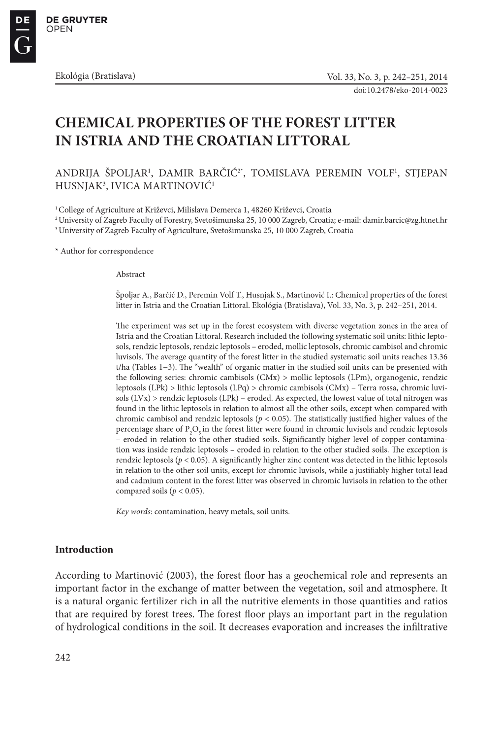 Chemical Properties of the Forest Litter in Istria and the Croatian Littoral