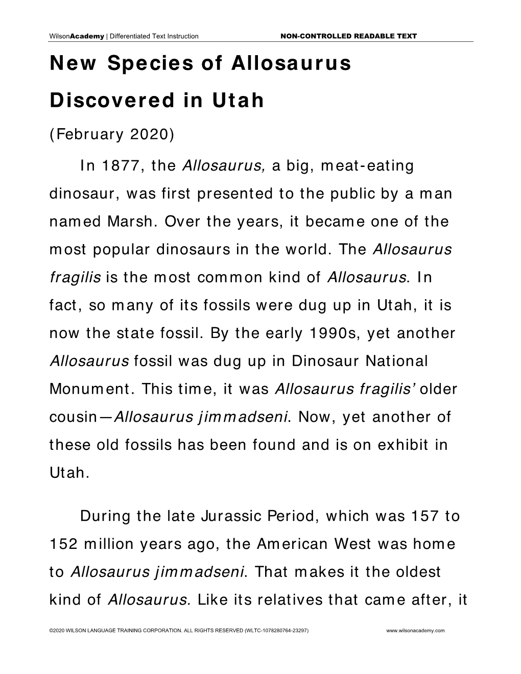 New Species of Allosaurus Discovered in Utah Dt