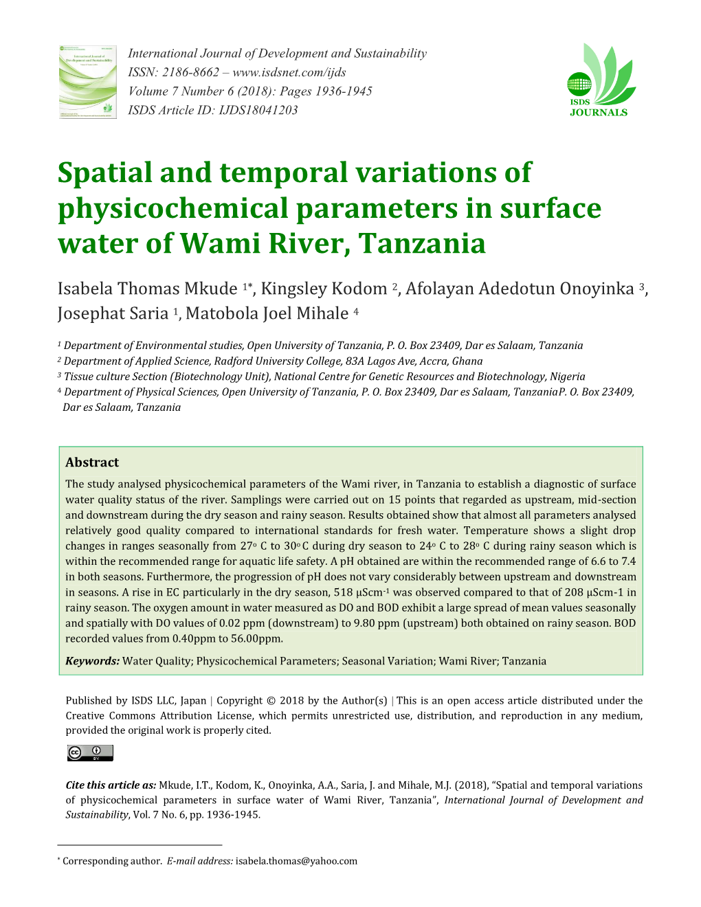 Spatial and Temporal Variations of Physicochemical Parameters in Surface Water of Wami River, Tanzania