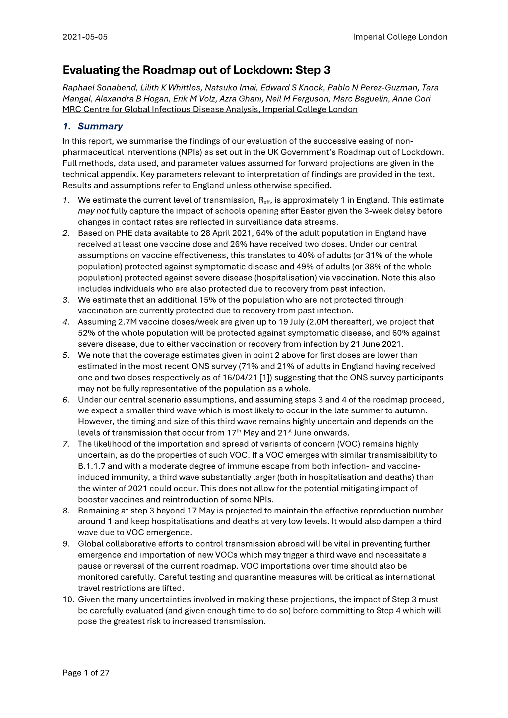 Evaluating the Roadmap out of Lockdown: Step 3