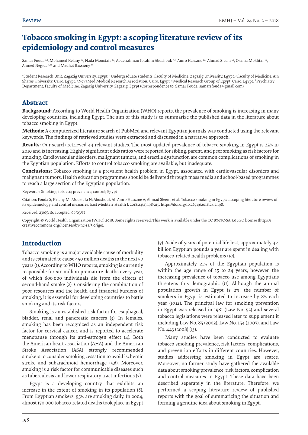 Tobacco Smoking in Egypt: a Scoping Literature Review of Its Epidemiology and Control Measures