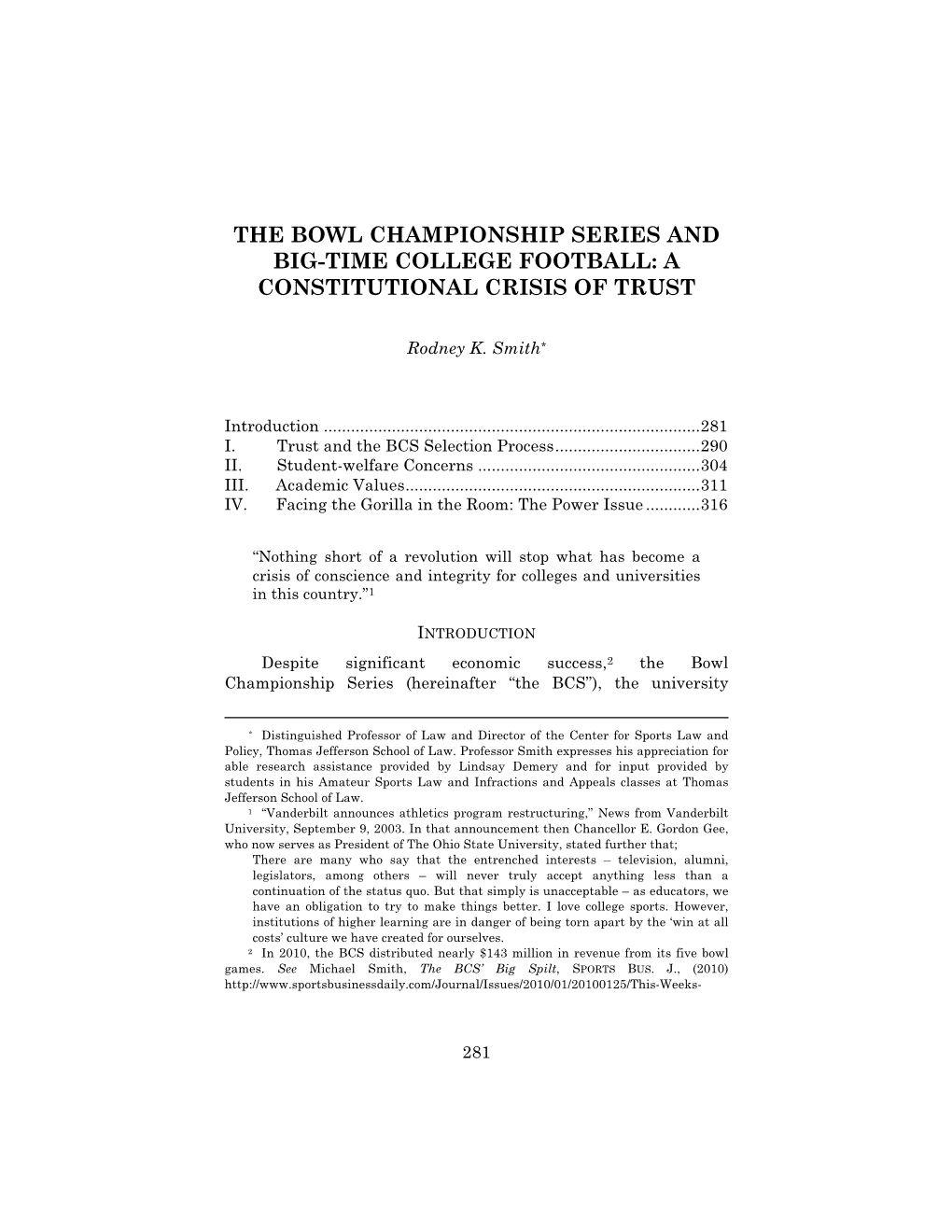 The Bowl Championship Series and Big-Time College Football: a Constitutional Crisis of Trust