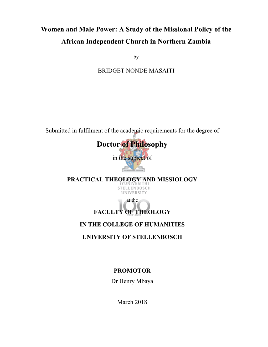 Women and Male Power: a Study of the Missional Policy of the African Independent Church in Northern Zambia