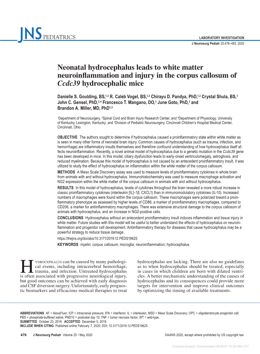 Neonatal Hydrocephalus Leads to White Matter Neuroinflammation and Injury in the Corpus Callosum of Ccdc39 Hydrocephalic Mice