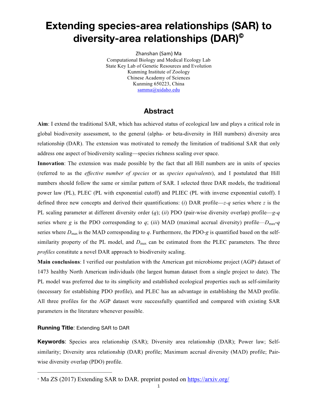 Extending Species-Area Relationships (SAR) to Diversity-Area Relationships (DAR)©