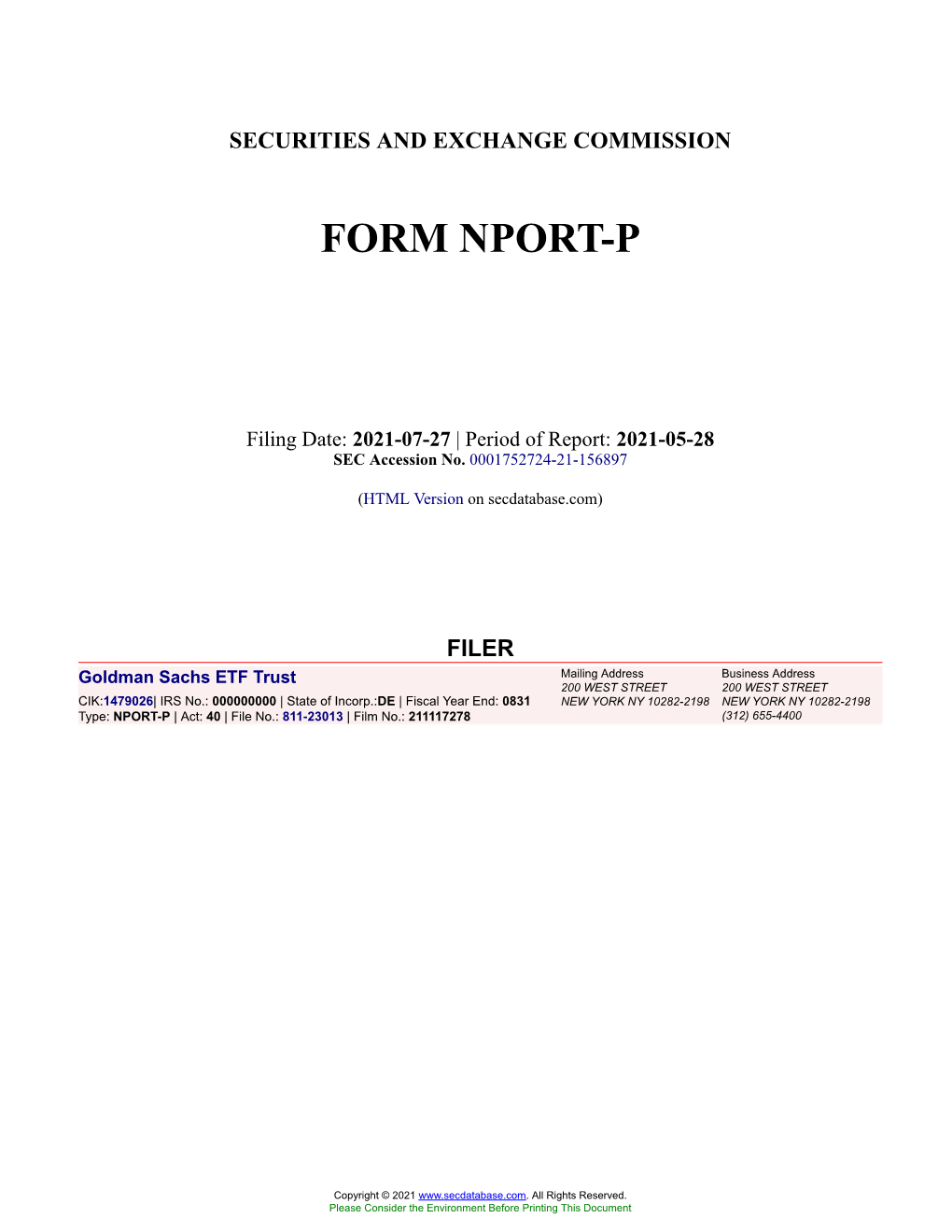 Goldman Sachs ETF Trust Form NPORT-P Filed 2021-07-27