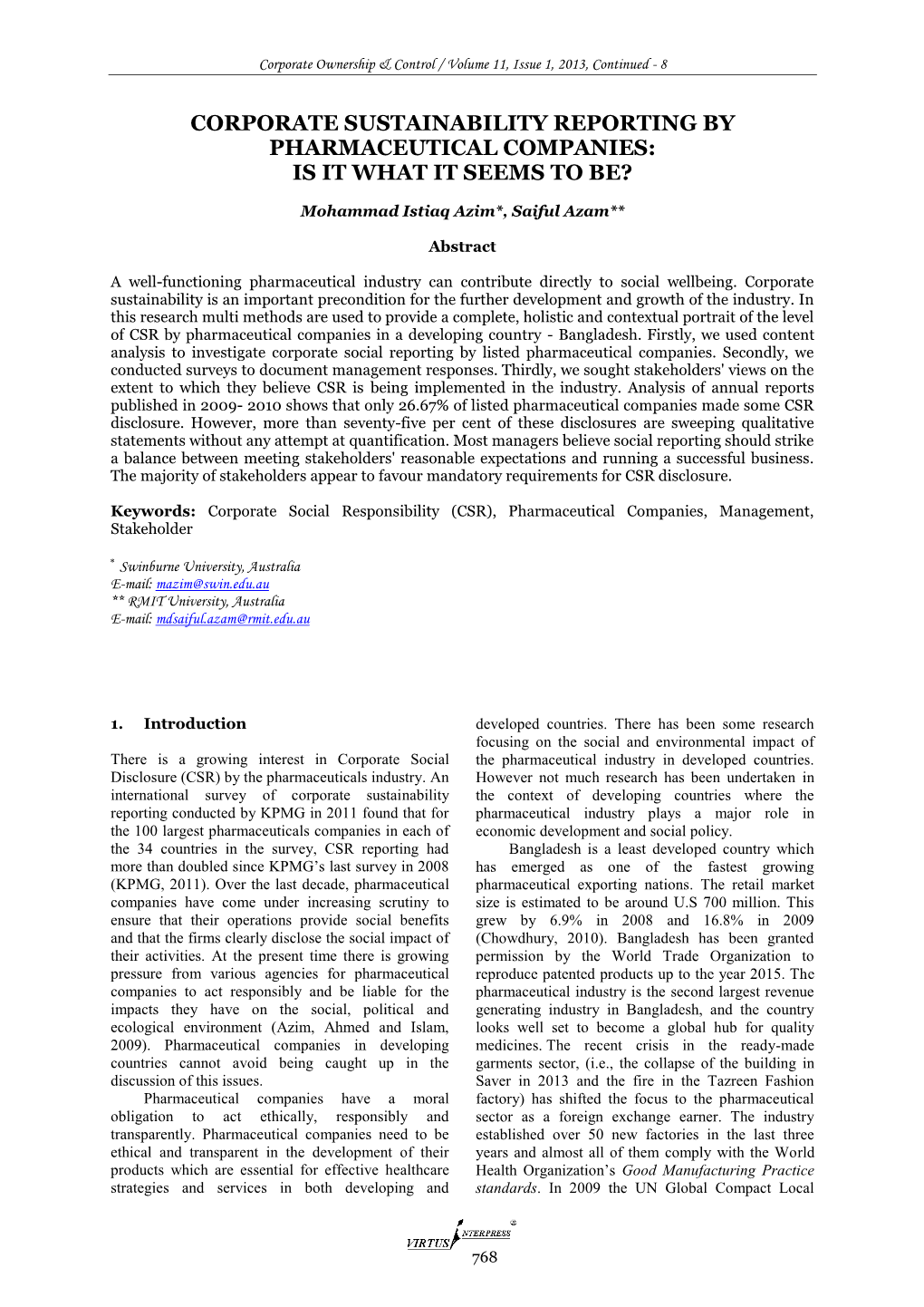 Corporate Sustainability Reporting by Pharmaceutical Companies: Is It What It Seems to Be?