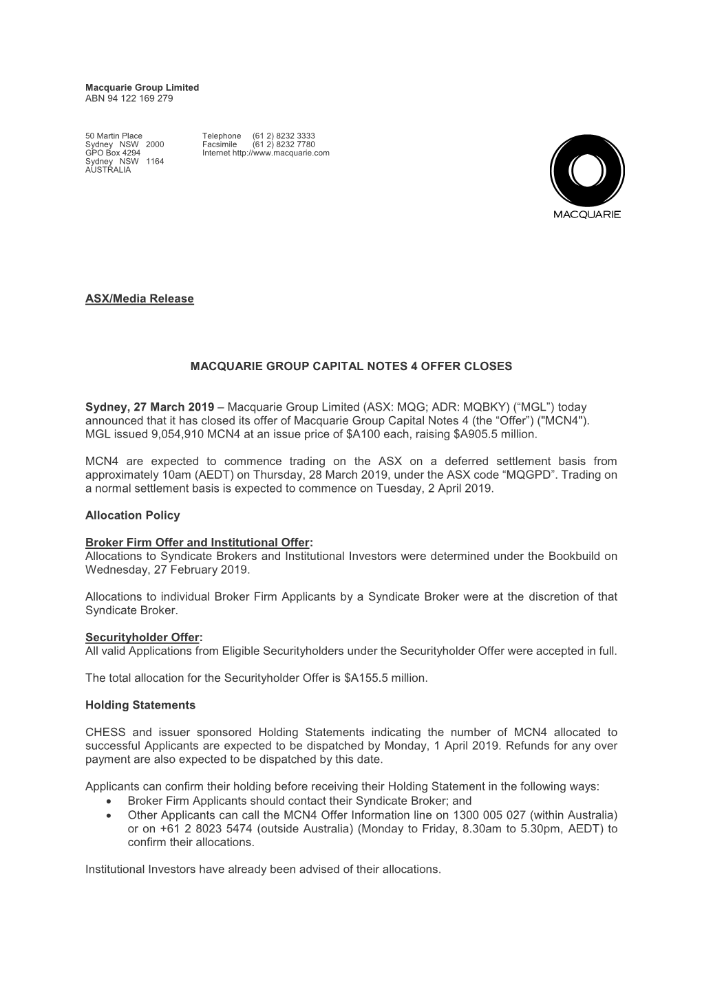 27 March 2019 Macquarie Group Capital Notes 4 Offer Closes PDF