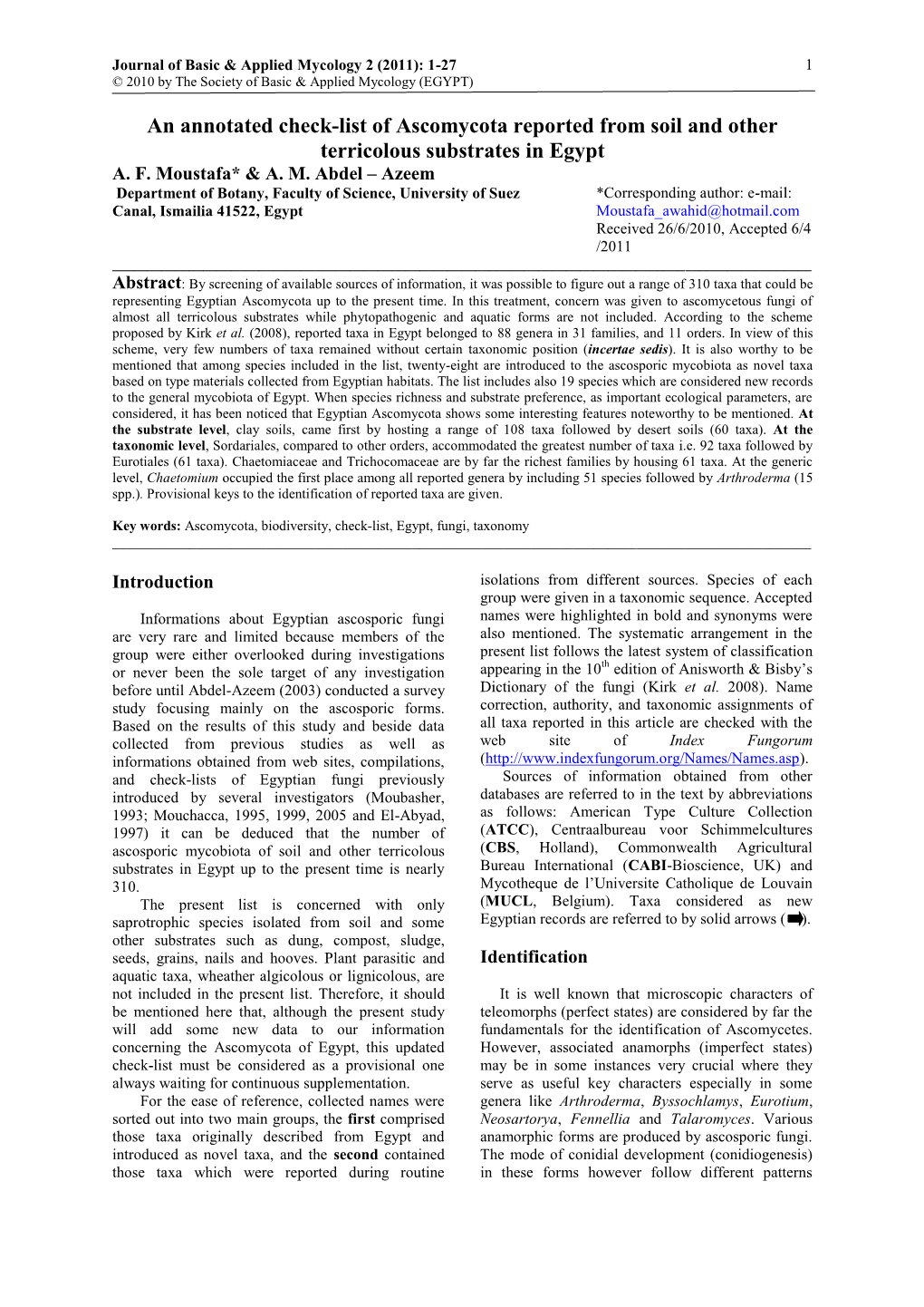 An Annotated Check-List of Ascomycota Reported from Soil and Other Terricolous Substrates in Egypt A