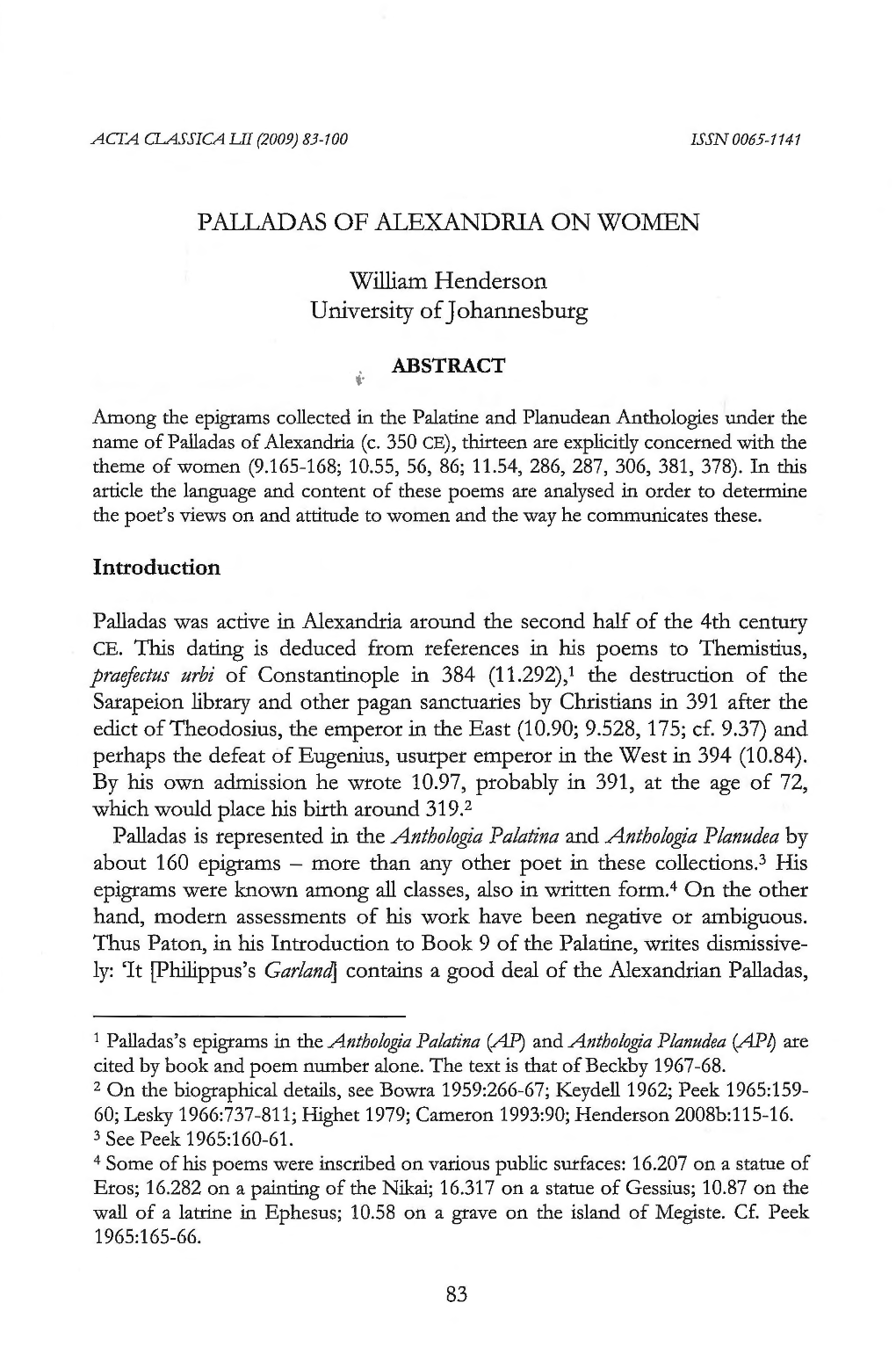 P ALLADAS of ALEXANDRIA on WOMEN William Henderson