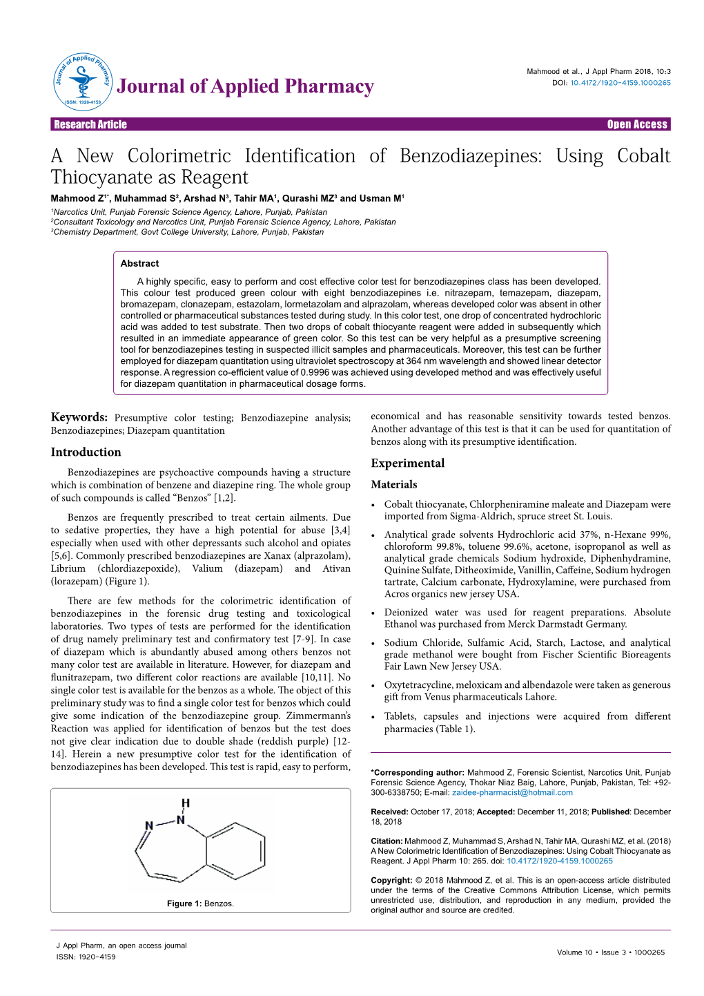 A New Colorimetric Identification of Benzodiazepines: Using Cobalt Thiocyanate As Reagent