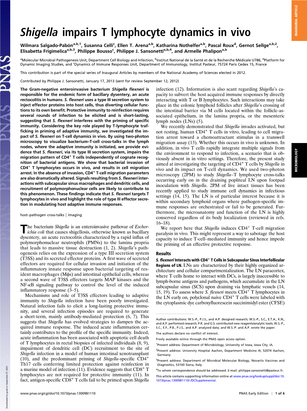 Shigella Impairs T Lymphocyte Dynamics in Vivo