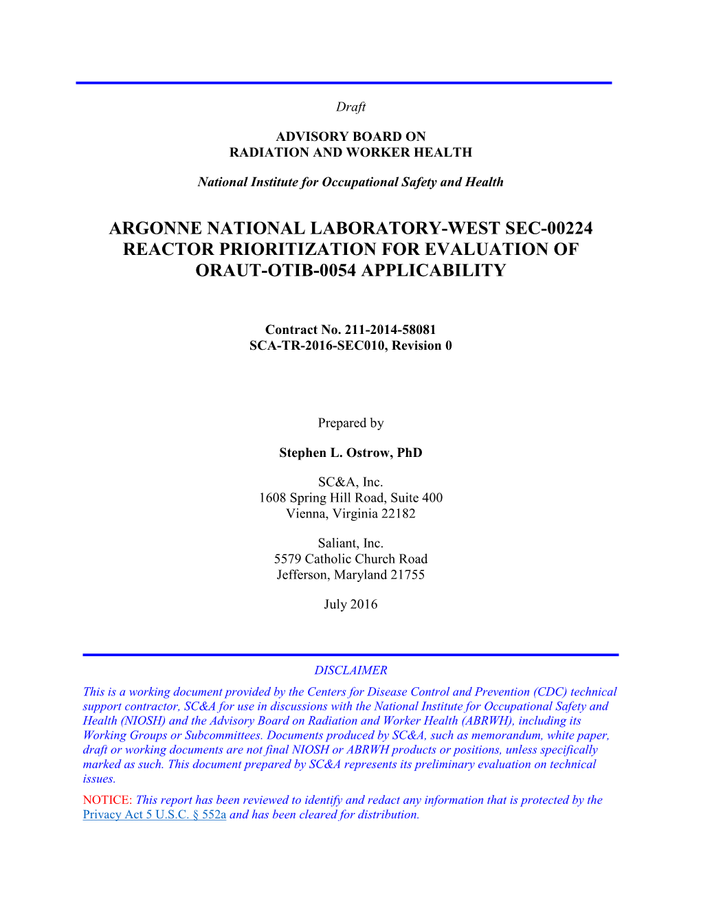 SCA-TR-2016-SEC010, Argonne National Laboratory-West SEC-00224 Reactor Prioritization for Evaluation of ORAUT-OTIB-0054 Applicab