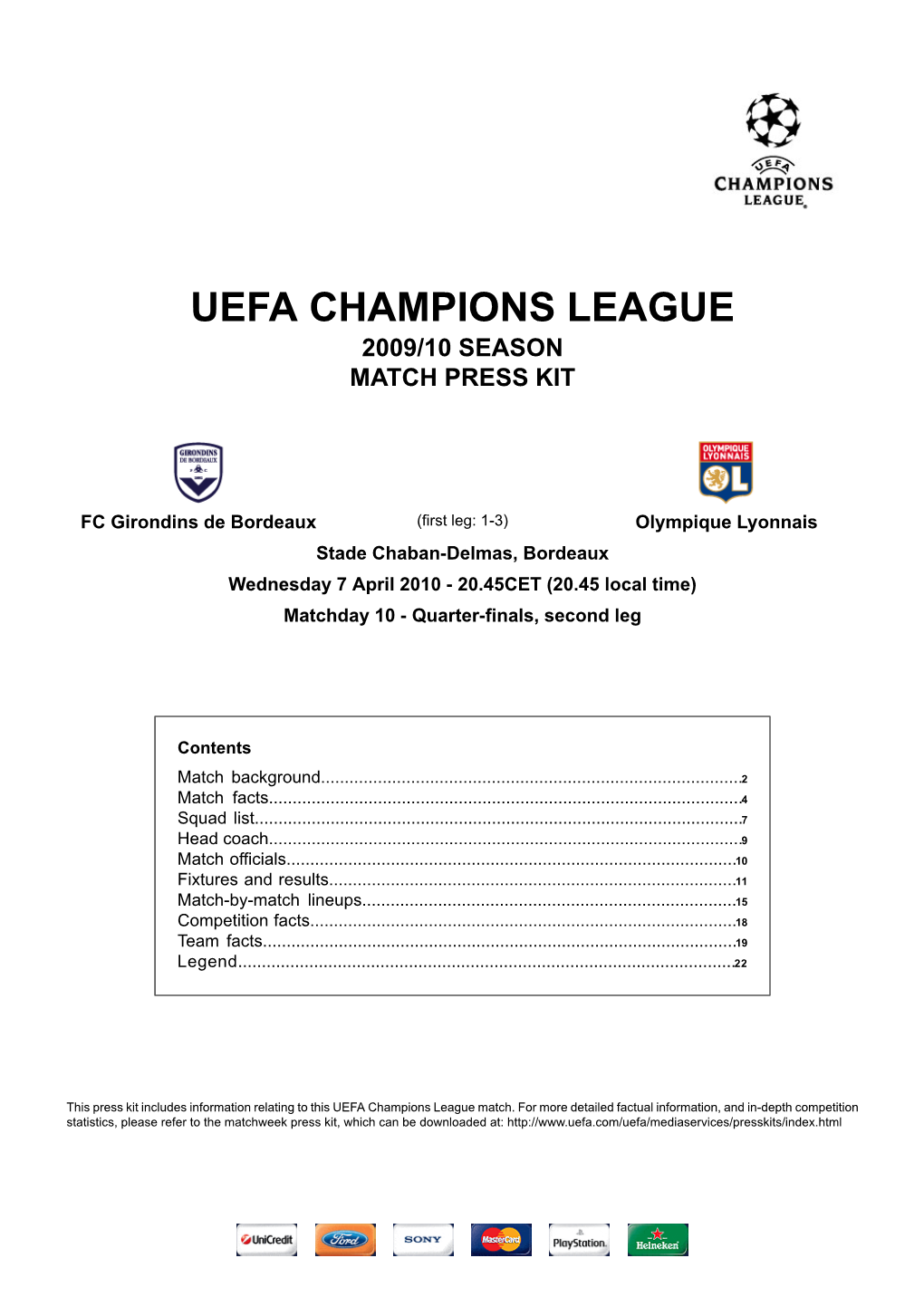 Uefa Champions League 2009/10 Season Match Press Kit