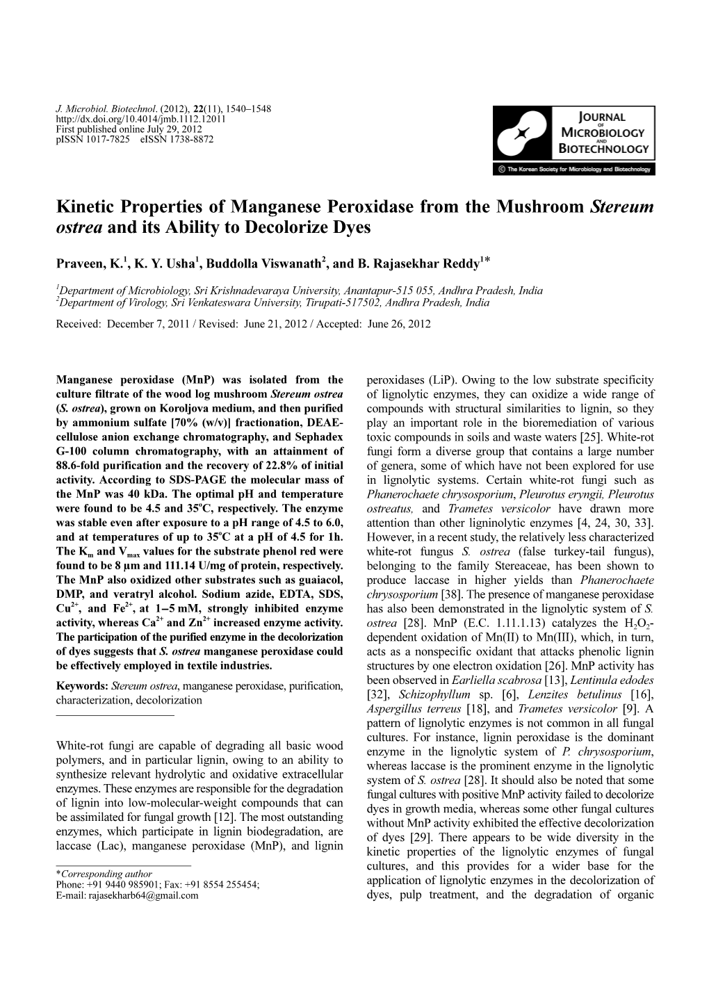 Kinetic Properties of Manganese Peroxidase from the Mushroom Stereum Ostrea and Its Ability to Decolorize Dyes