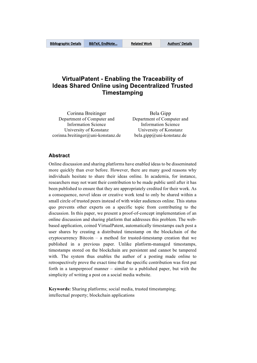 Virtualpatent - Enabling the Traceability of Ideas Shared Online Using Decentralized Trusted Timestamping