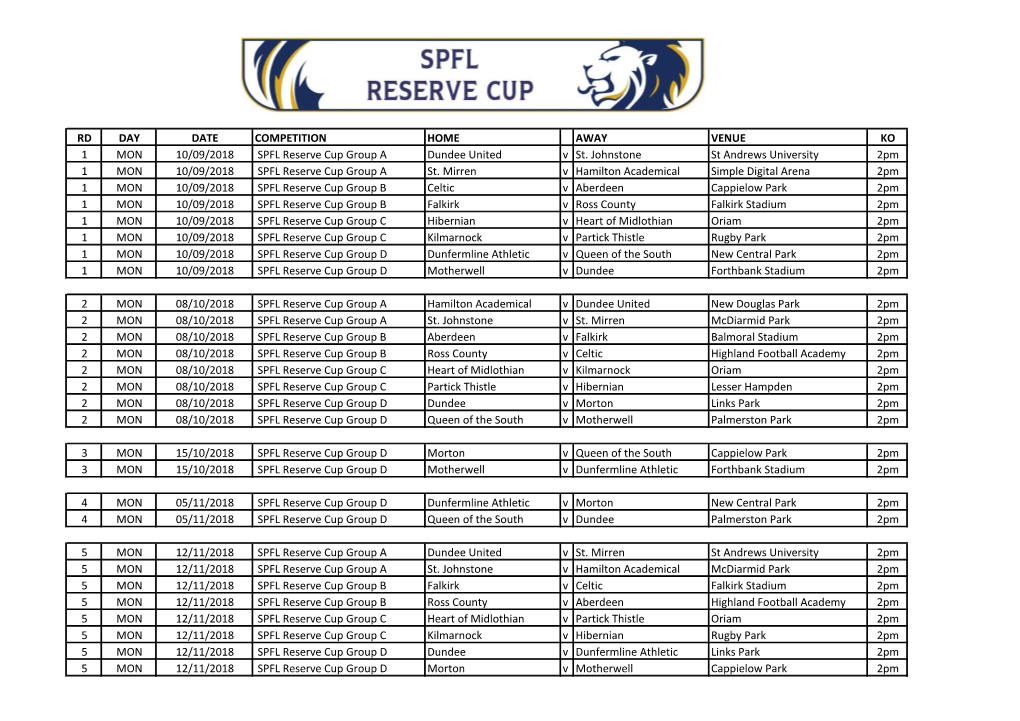 Reserve Cup Fixtures 2018/19