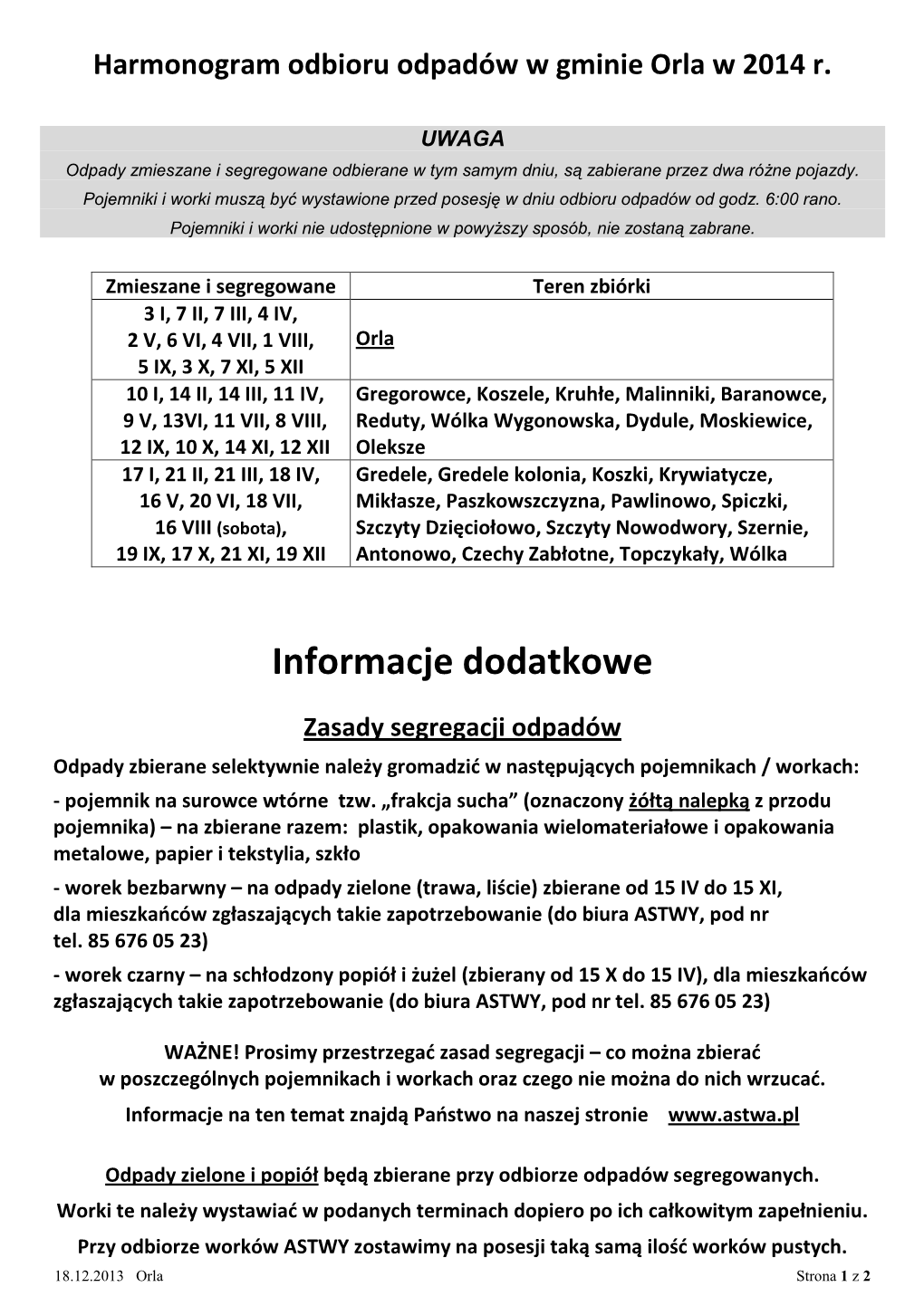 Informacje Dodatkowe Zasady Segregacji Odpadów