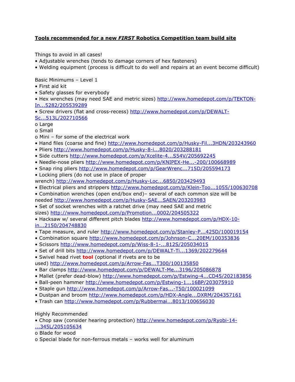 Suggested Tools and Equipment for Robotics