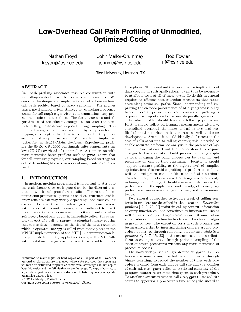 Low-Overhead Call Path Profiling of Unmodified, Optimized Code