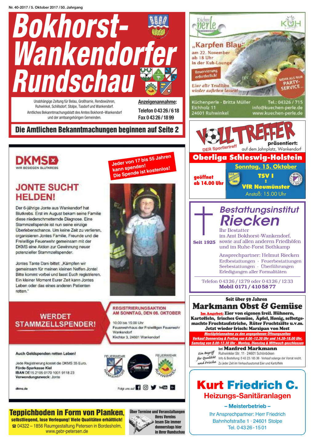 Bokhorst- Wankendorfer Rundschau Unabhängige Zeitung Für Belau, Großharrie, Rendswühren, Anzei Genannahme : Ruhwinkel, Schillsdorf, Stolpe, Tasdorf Und Wankendorf