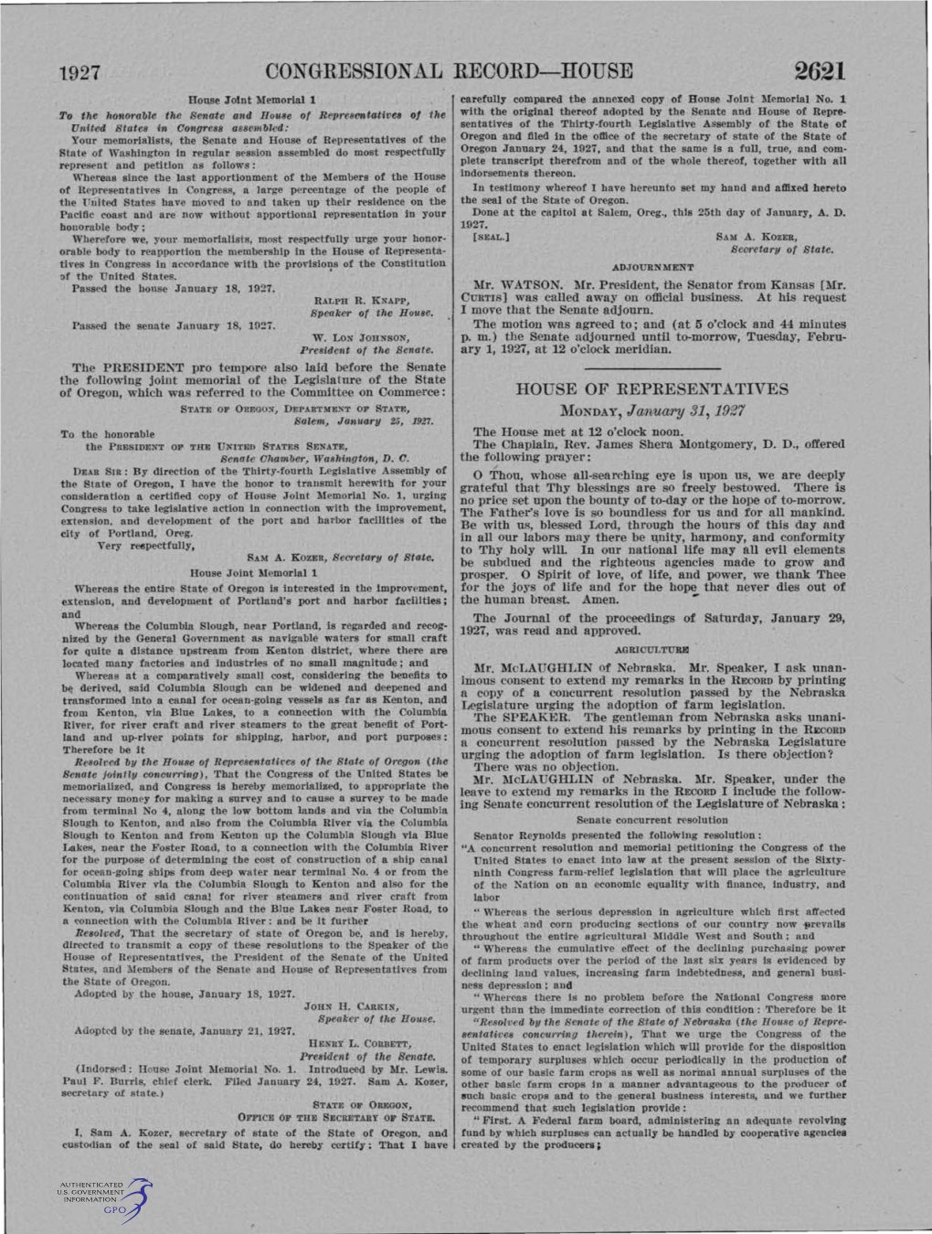 1927 CONGRESSIONAL RECORD-HOUSE 2621 House Joint Memorial 1 Carefully Compared the .Annexed Copy of House Joint Uemorial No