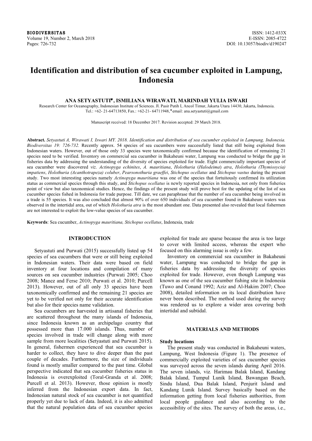 Identification and Distribution of Sea Cucumber Exploited in Lampung, Indonesia