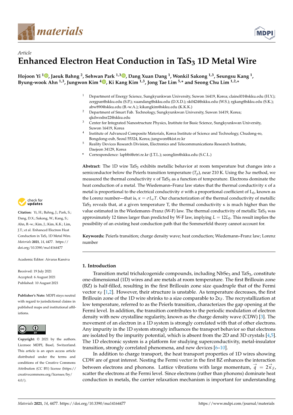 Enhanced Electron Heat Conduction in Tas3 1D Metal Wire