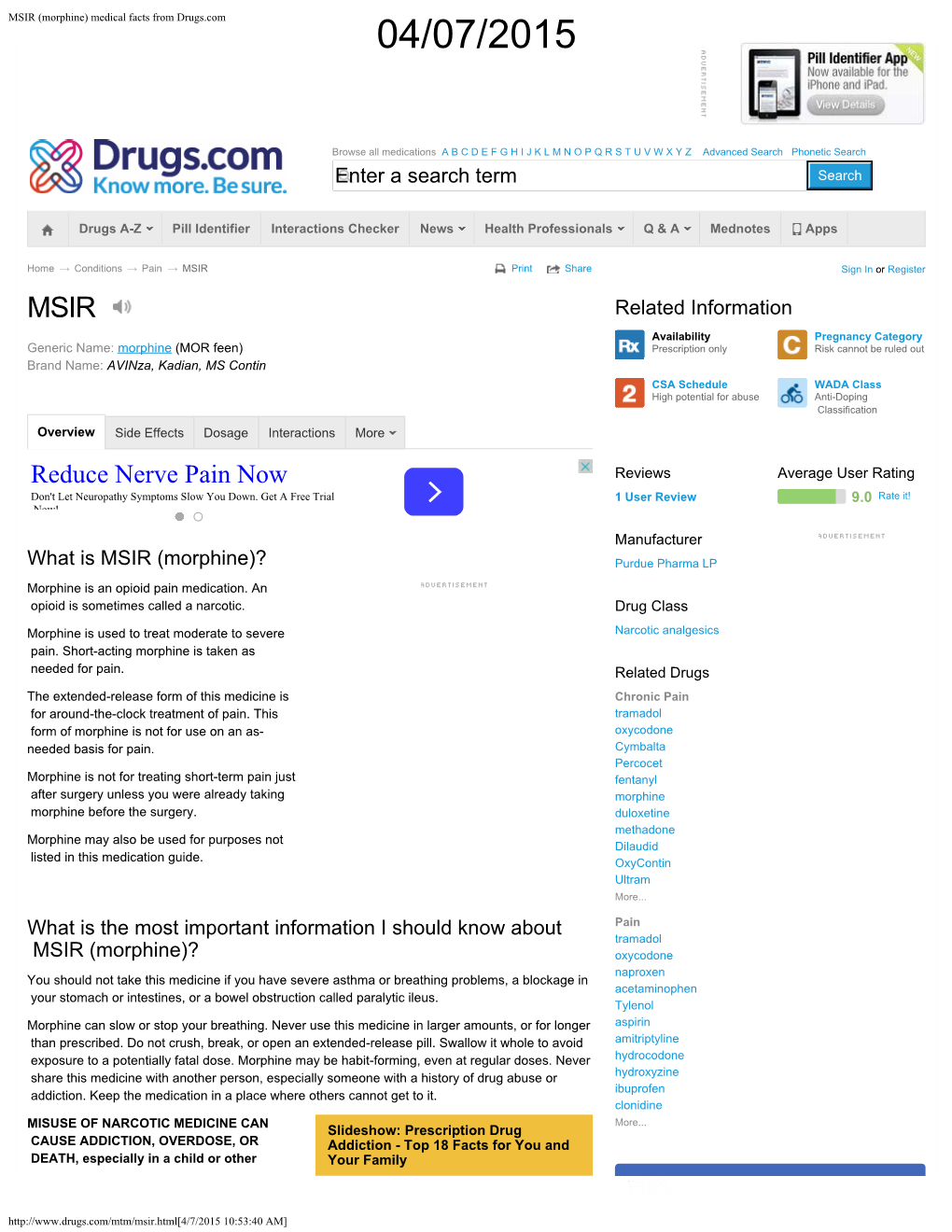 MSIR (Morphine) Medical Facts from Drugs.Com 04/07/2015