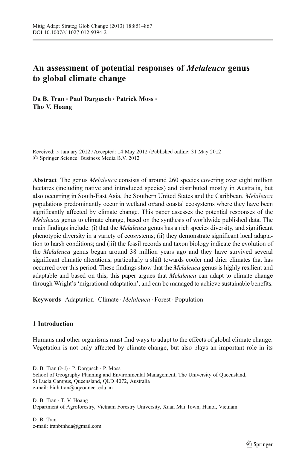 An Assessment of Potential Responses of Melaleuca Genus to Global Climate Change