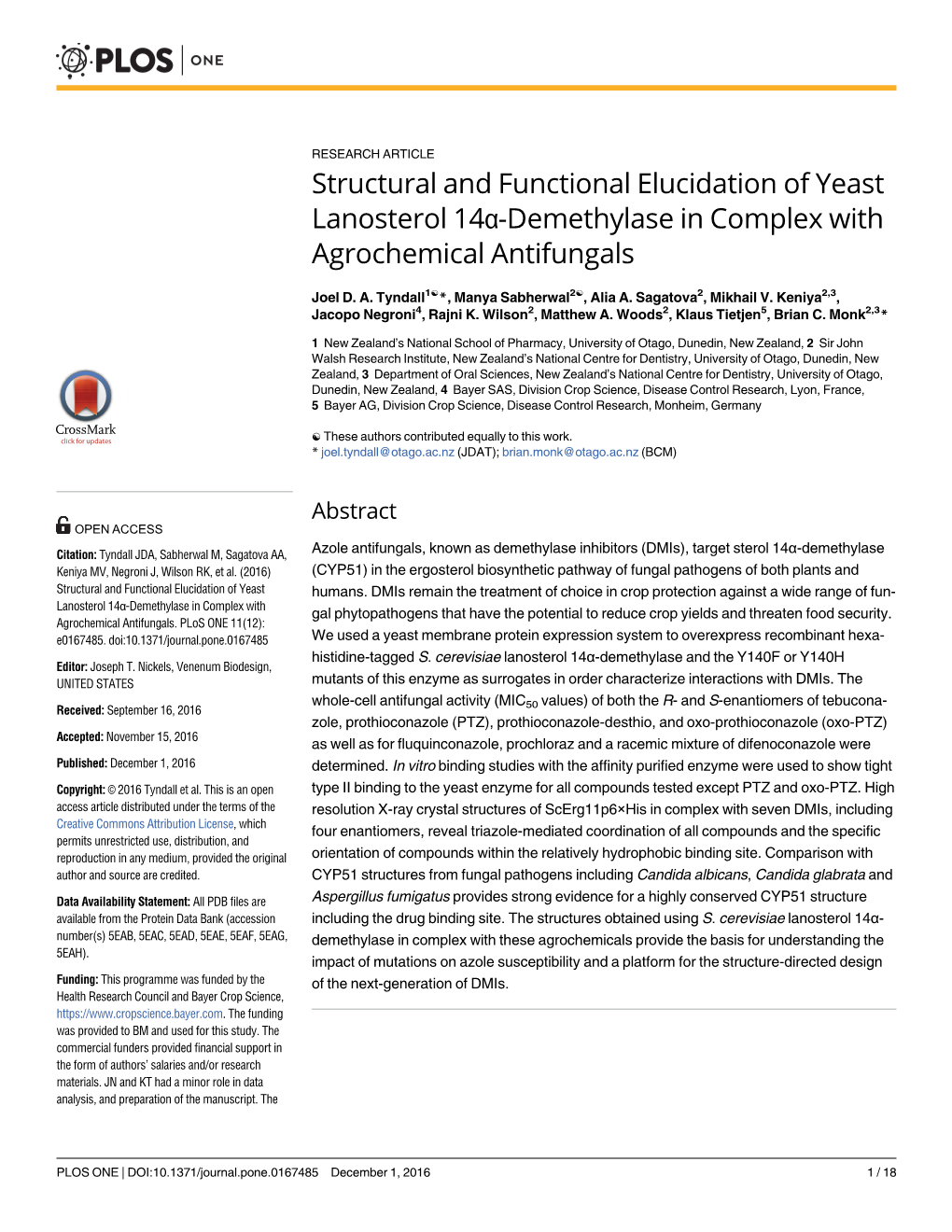 Structural and Functional Elucidation of Yeast Lanosterol 14Α-Demethylase in Complex with Agrochemical Antifungals