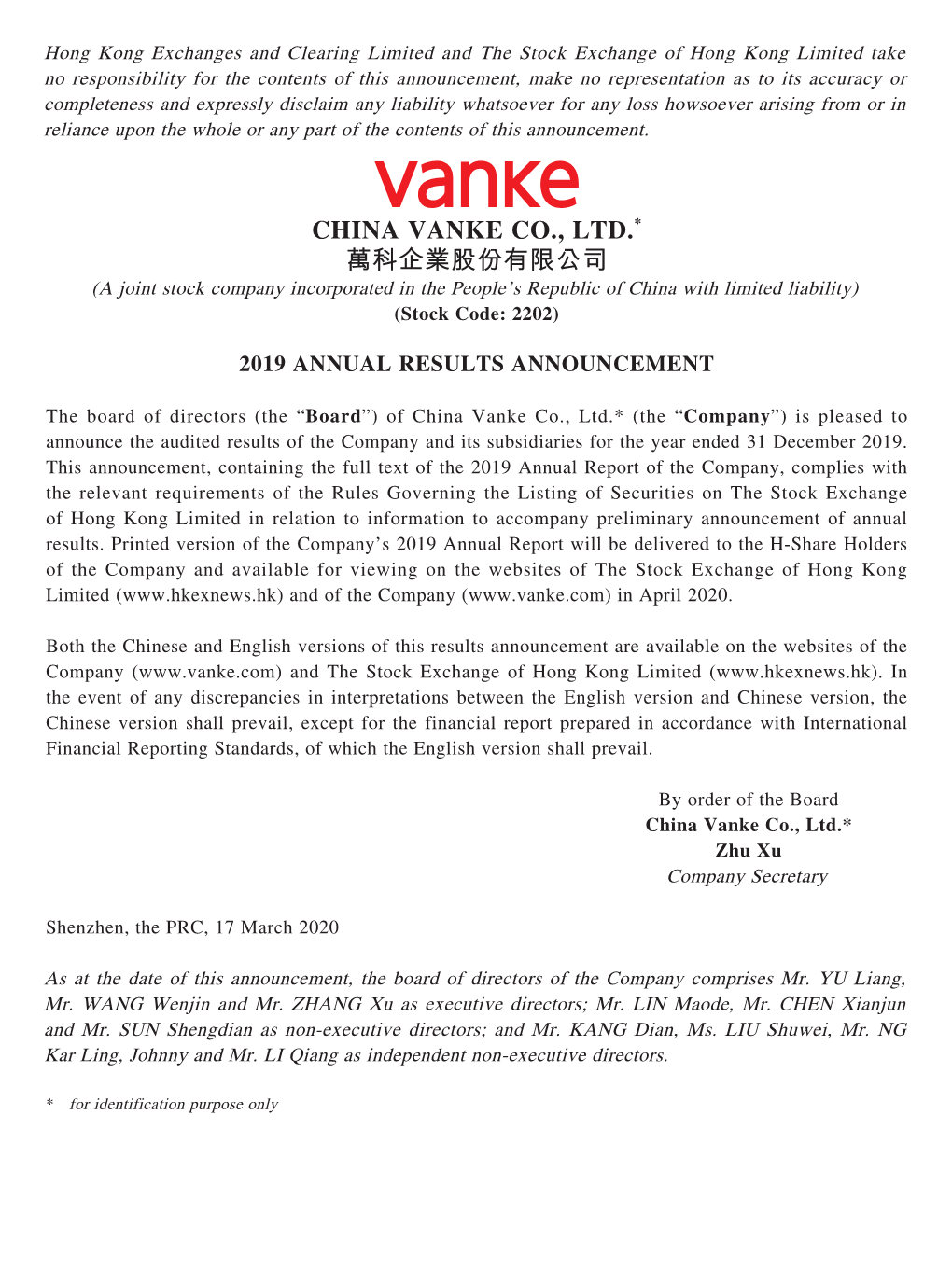 CHINA VANKE CO., LTD.* 萬科企業股份有限公司 (A Joint Stock Company Incorporated in the People’S Republic of China with Limited Liability) (Stock Code: 2202)