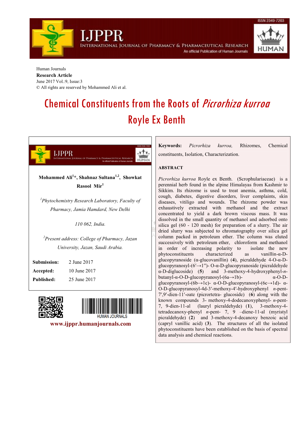 Chemical Constituents from the Roots of Picrorhiza Kurroa Royle Ex Benth